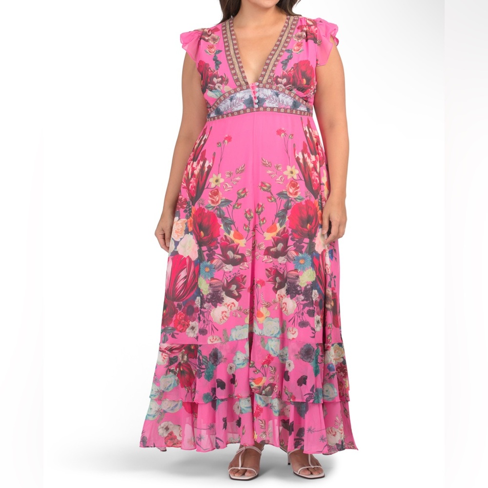 New Dalia Macphee Romantic Botanical V-Neck Maxi Dress in Vibrant Pink Sz 2x